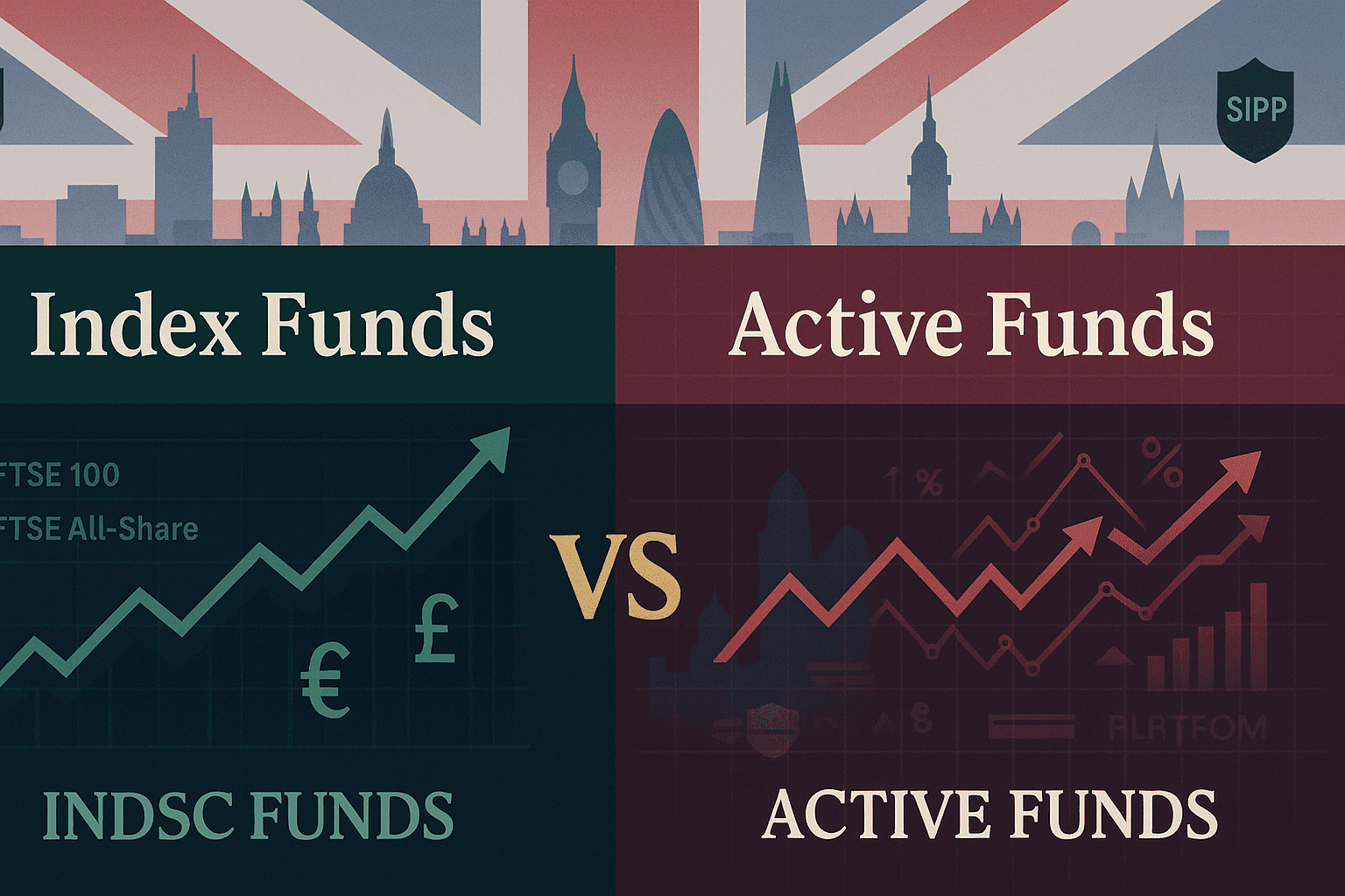 UK index funds versus actively managed funds comparison showing costs and performance for ISA and SIPP investors in 2025